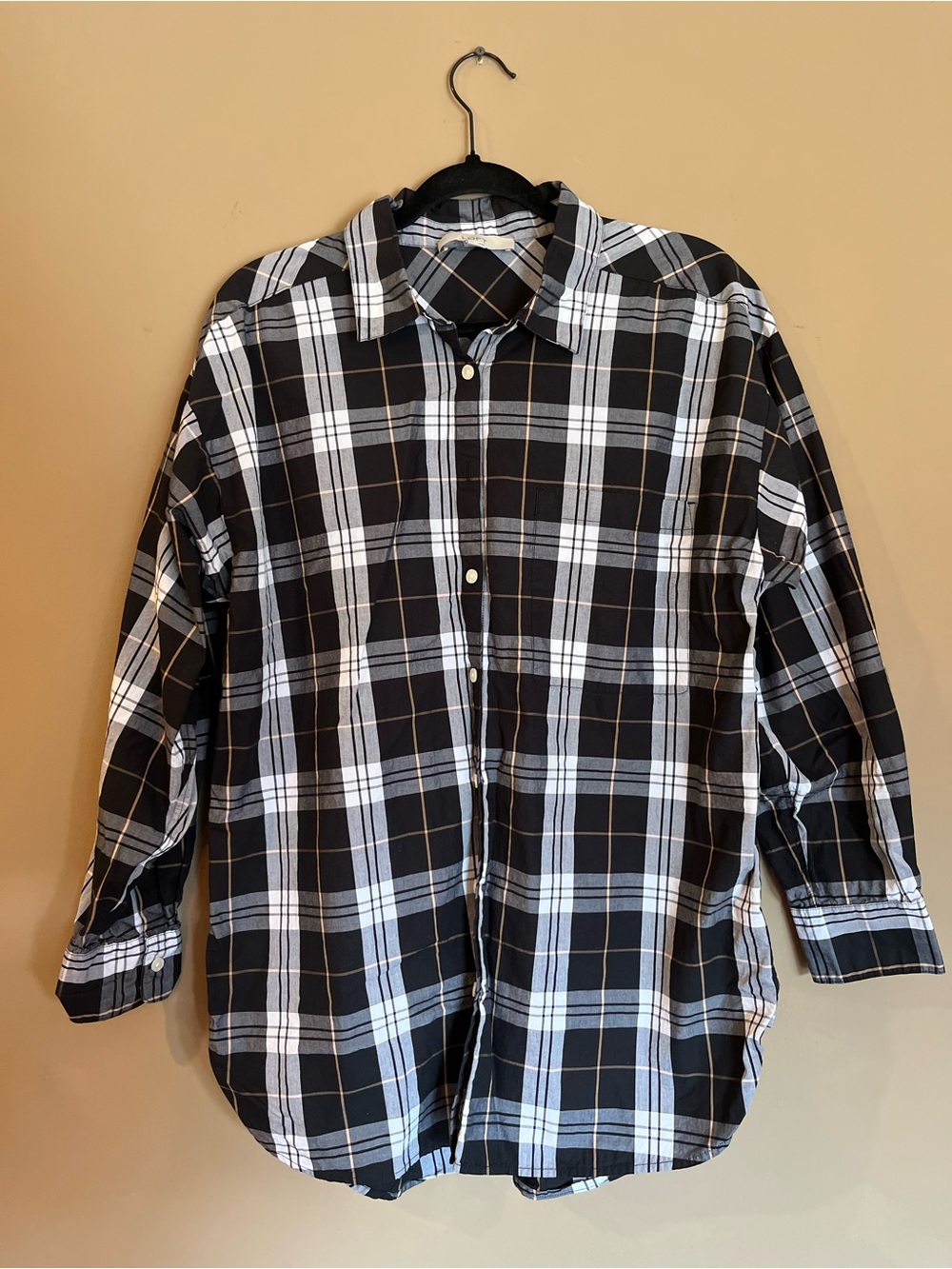 LOFT Black Gray Plaid Button Down Shirt Women's Large 100% Cotton Long Sleeve